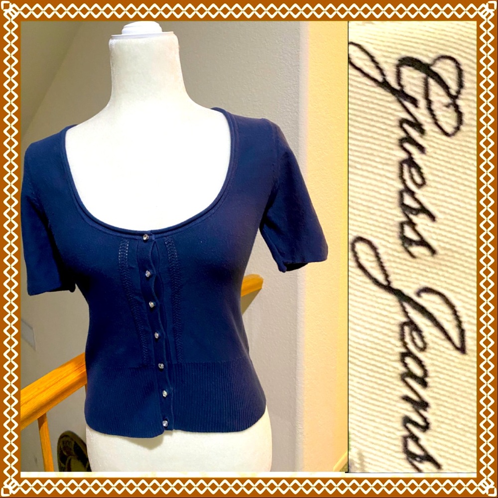 “Guess Jeans” Navy Blue Rhinestone Button Cardigan